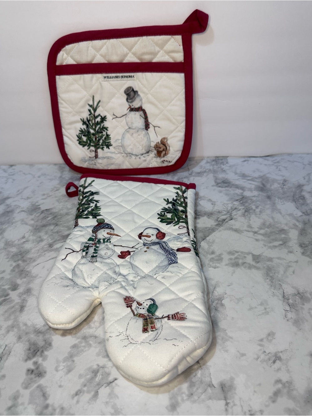 Williams Sonoma Snowman Christmas Oven Mitt & Potholder Set Winter Holiday